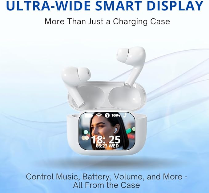 Audionic Airtouch 40 Wireless Earbuds, Bluetooth 5.4, Ultra-Wide LED Touchscreen Case, ANC/ENC Noise Cancelling, Low Latency, Hi-Fi Sound, for Android/iOS (White)