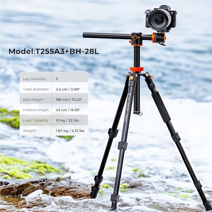 K&F Concept 73 inch /186cm Camera Tripod,Transverse Center Column Aluminium DSLR Tripod with 360 Degree Ball Head 10kg Load Capacity,Quick Release Plate,Detachable Monopod T255A3+BH-28L