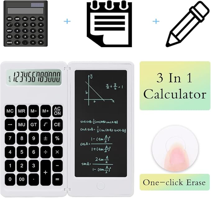Desk Calculator, Desktop Small Calculators with Writing Notepad, Basic 4-Function Math Large Button Calculator, School Supplies for Kids, Middle/High School Students (White)
