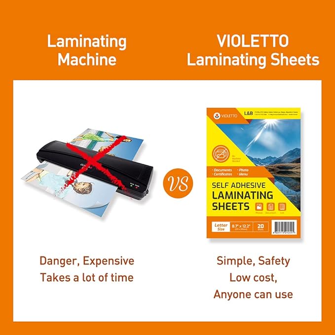 [VIOLETTO] 50 Sheets - Self Adhesive Laminating Sheets for Ultimate Protection. No Machines Needed, 4 Mil Thickness, 8.5 x 11 Inches. Effortless, Durable & Perfect for Documents & Photos.