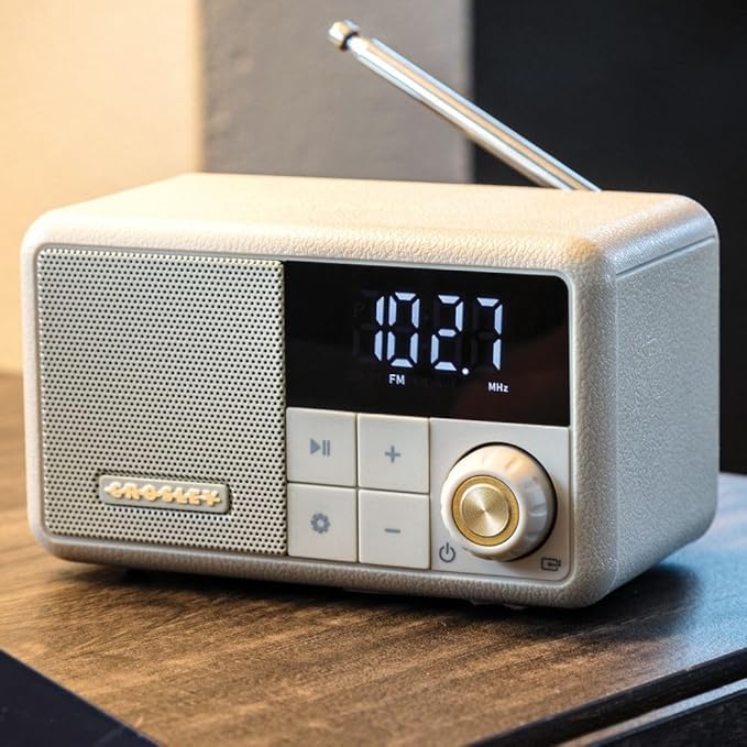 Crosley CR1121A-PB Cooper Retro AM/FM Radio, Portable Bluetooth Speaker with Aux Input and LED Display, Pebble