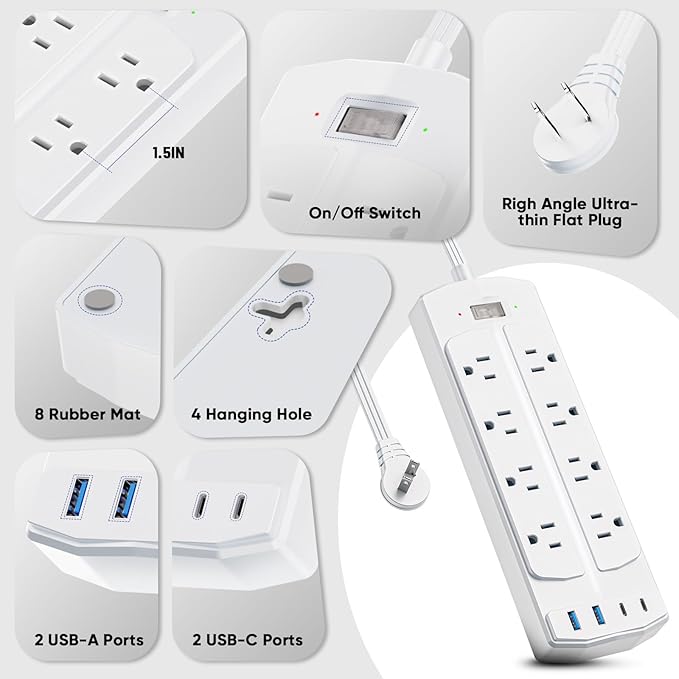 2 Prong Power Strip, Yozisital 2 Prong to 3 Prong Outlet Adapter, 5FT Extension Cord with Polarized Plug, 1200J Surge Protector, 8 AC Outlets & 4 USB, Wall Mountable, Ideal for Non-Grounded Outlets