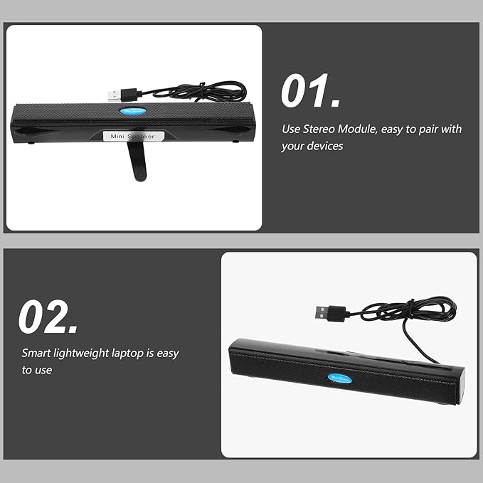 Sound Bars for TV, USB 2.0 Portable Soundbar - Small Surround Soundbar Speakers for PC/Gaming/Projectors, 7.9x1.1 Inch