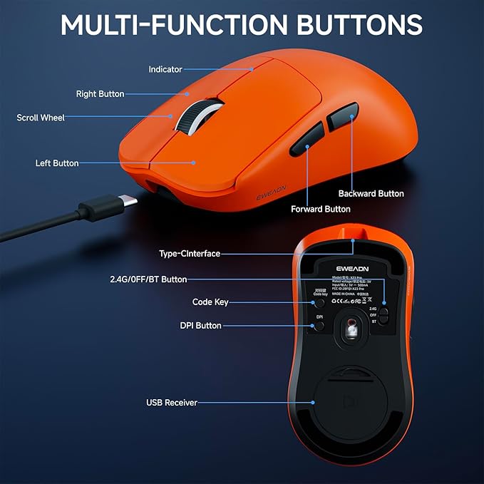EWEADN X23Pro Wireless Gaming Mouse, 49g Lightweight Mouse, PAW3311 Sensor, 12000 DPI, 2.4G/BT5.0/USB-C Rechargeable Wireless Mouses with 6 Programmable Button, Grip tape, for Laptop/PC/Mac, Orange