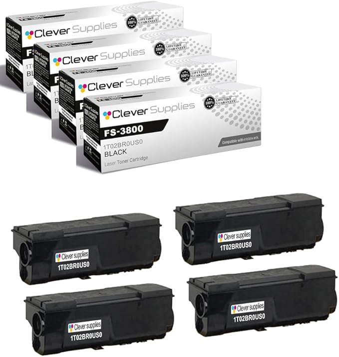 Clever Supplies CS Replacement Compatible with Kyocera FS 3800 Toner Cartridge 1T02BR0US0 to use with FS-1800 FS-1800N FS-1900 FS-1900N FS-3800N (Black, 4-Pack)