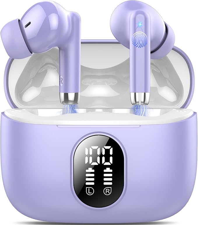 Wireless Earbuds, 2025 New Bluetooth 5.4 Headphones HiFi Stereo with 4 ENC Mic, 40H Mini Ear Buds In-Ear Noise Cancelling Earbuds with Screen, Ultra Light Bluetooth Earphones Purple for Android iOS