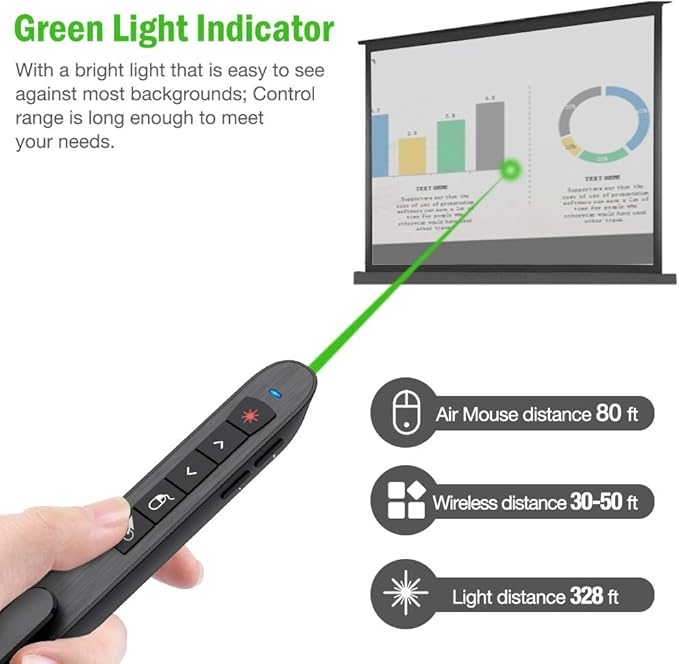 Air Mouse Green Light Presentation Remote Control USB Rechargeable Presentation Clicker Wireless Presenter RF 2.4 GHz Powerpoint Clicker Slide Advancer Changer Mac/Laptop/Computer