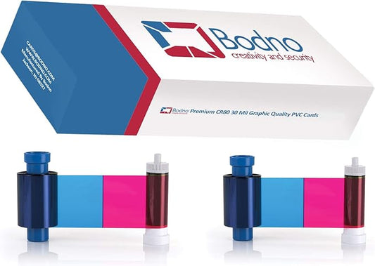 Bodno Magicard MA300YMCKO x 2 Color Ribbon - YMCKO - 600 Prints Premium CR80 30 Mil Graphic Quality PVC Cards - Qty 300