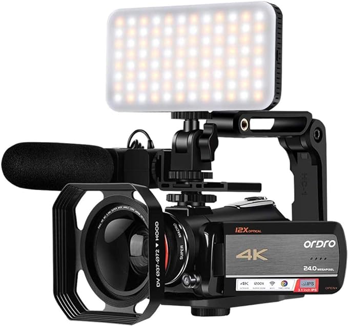 ORDRO AC5 Plus 4K Video Camera Camcorder, UHD Professional Camcorder 4K with 12x Optical Zoom, YouTube Video Camera for Filming with Mic, Video Light, Wide Angle Lens 64G Card and 2 Batteries