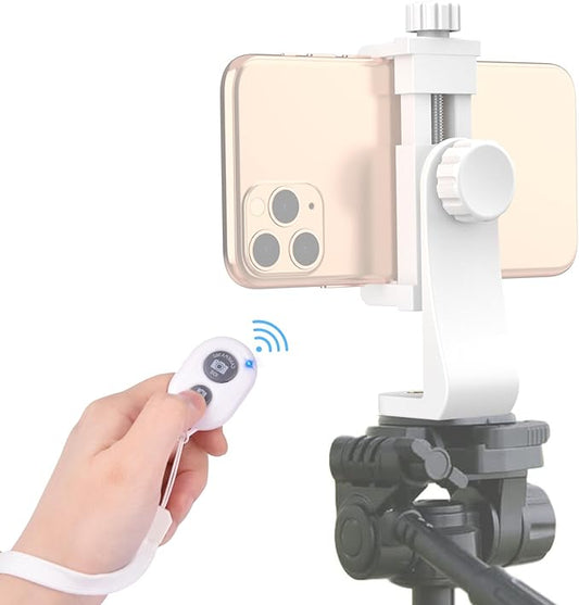 Universal Phone Tripod Mount Adapter with Ｗireless Camera Remote, Cell Phone Holder with Adjustable Clamp for Selfie Stick Monopod Compatible with iPhone, Samsung and so on -White