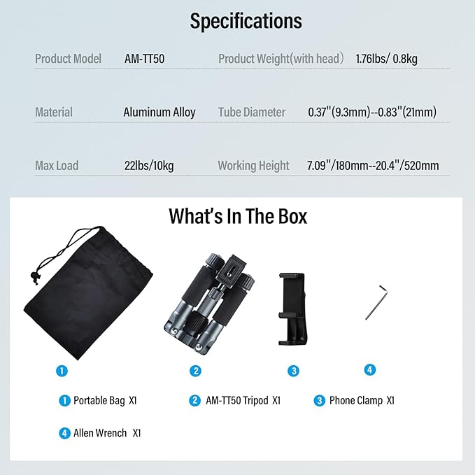 SIRUI Compact Mini Desktop Tripod, 20" Aluminum Portable Small Tabletop Tripod Stand with 360° Ball Head for DSLR, Camera, Phone, Loaded up to 17.64lbs, Phone Holder Included, AM-TT50