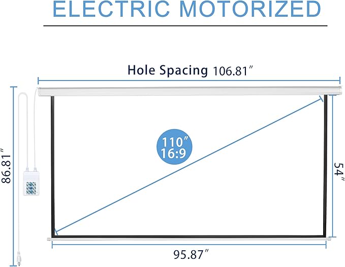Kayle 110" Motorized Projector Screen Electric Diagonal Automatic Projection 16:9 HD Movies Screen for Home Theater Presentation Education Outdoor Indoor W/Wireless Remote, Wall/Ceiling Mount (White)