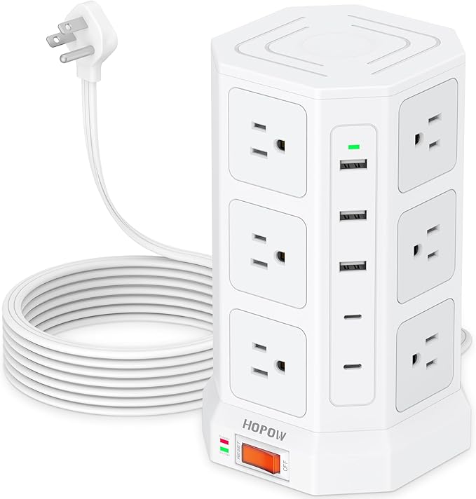 Surge Protector Power Strip - 12 AC Outlets & 5 USB (2 USB C), 1875W/15A, 1700J Surge Protector Tower, Extension Cord with Multiple Outlets, 6.5FT Charging Station for Home Office Dorm