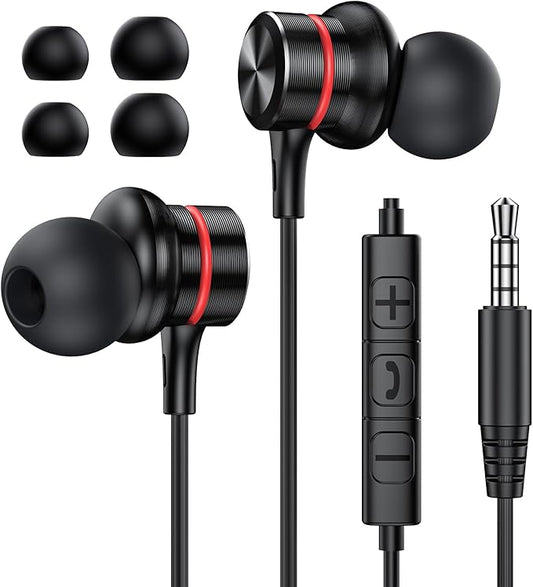 MOSWAG Wired Earbuds, 3.5mm Black Wired Earphone with Microphone, 1/8 inch in-Ear Noise Cancelling Headphones Compatible with Mobile Phones, Desktop PCs, Tablets, Laptops, MP3s, MP4s, 1 Pack