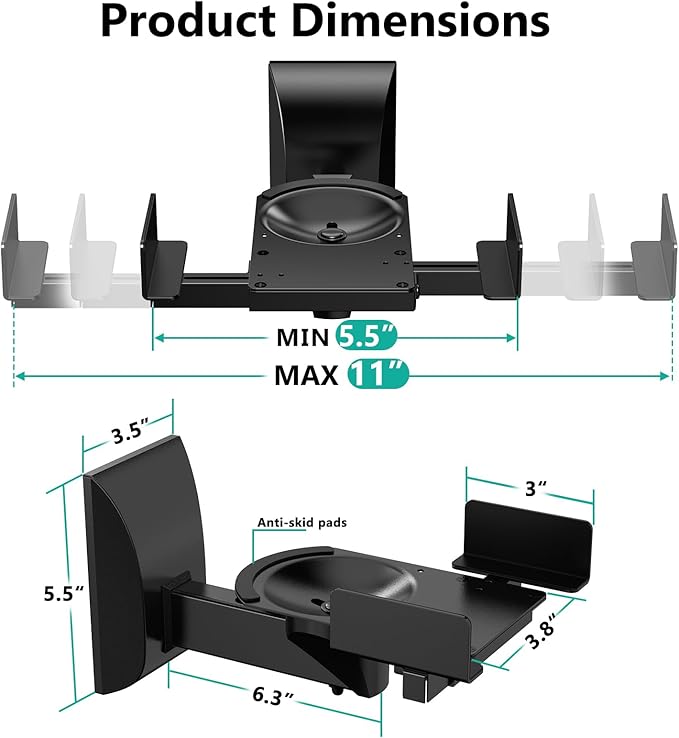 WALI Speaker Wall Mounts, Dual Side Clamping Bookshelf Mounting Bracket for Large Surrounding Sound Speakers, Hold up to 55 lbs. (SWM201), 1 Pair, Black