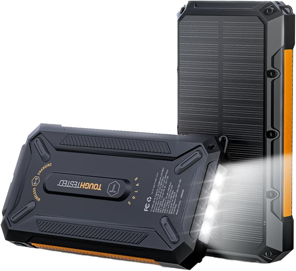 ToughTested 16,000 mAh Fast Charging Solar Power Bank, Portable Solar Charger External Battery Bank with Wireless Charging | IP65 Waterproof, Dustproof, Shockproof for Camping, Travel & Emergency Use