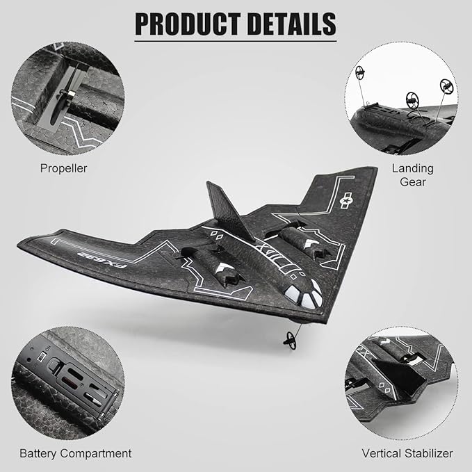 fisca RC Airplane Remote Control B-2 Spirit Stealth Bomber Plane, 2.4Ghz 2CH Foam Drone Ready to Fly Aircraft Toy for Kids and Adults