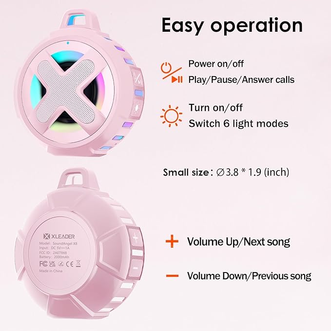 XLeader X8, Upgraded, Portable Bluetooth Speaker, Certified IP67 Waterproof Shower Speaker, Silicone Case, 10W Bass, 24H Playtime, Small, Floating, Lights, Clip, for Pool Beach Kayak Travel Gifts Pink