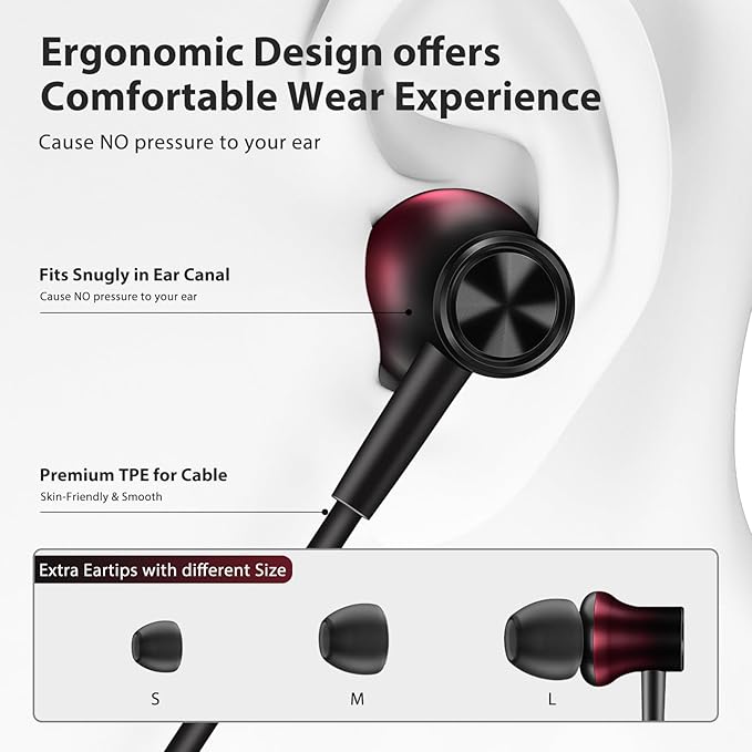 Jiunai 3.5mm Wired Earbuds Headphones School in Ear Built-in Mic Track Control Magnetic Noise Isolated Stereo S M L Ear Tips Tangle Free Earphone for iPhone iPad Android Tablet Travel Gradient Red