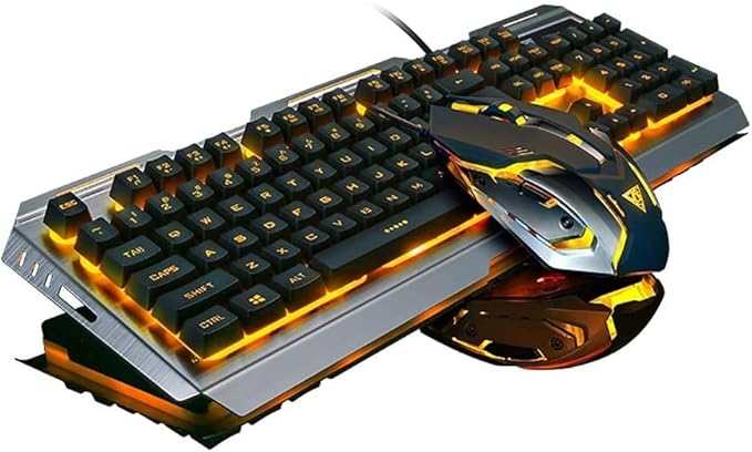 Wired Gaming Keyboard and Mouse Combo,Orange Yellow Lighted LED Backlit & Metallic Frame,Adjustable Brightness,Breathing Backlight,Full Size 104 Keys,for Xbox PS4 Xbox One Desktop Gamer