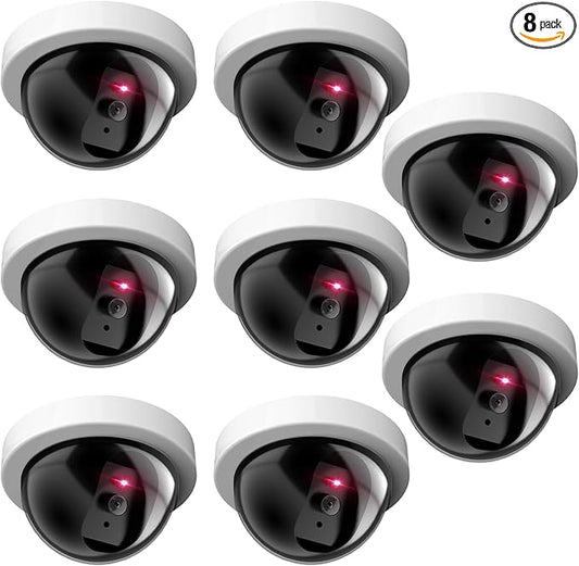 WALI Dummy Fake Security CCTV Dome Camera with Flashing Red LED Light with Security Alert Sticker Decals (SDW-8), 8 Packs, White
