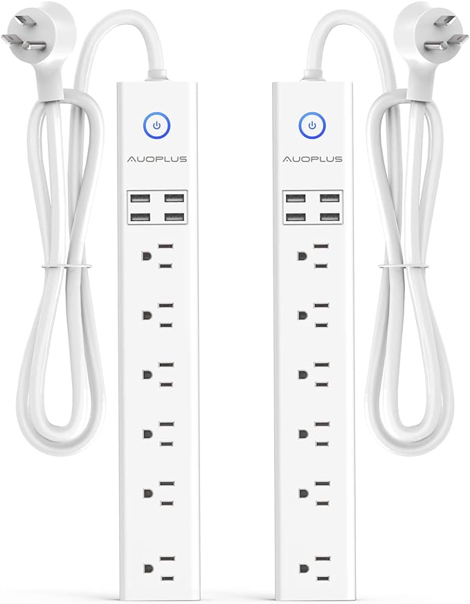 2 Pack Power Strip Surge Protector Flat Plug - 6 Widely Spaced Outlets 4 USB Charging Ports, 2100J/10A with 6Ft Long Extension Cord, Overload Surge Protection, Wall Mount for Home Office