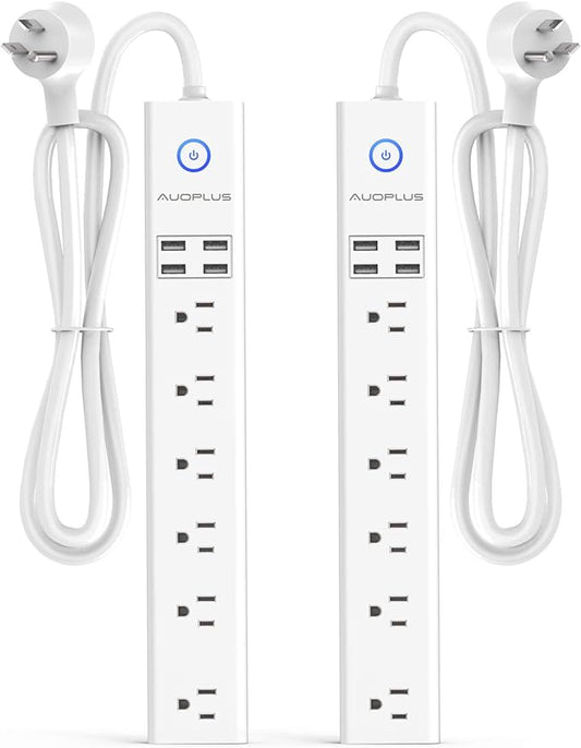 2 Pack Power Strip Surge Protector Flat Plug - 6 Widely Spaced Outlets 4 USB Charging Ports, 2100J/10A with 6Ft Long Extension Cord, Overload Surge Protection, Wall Mount for Home Office