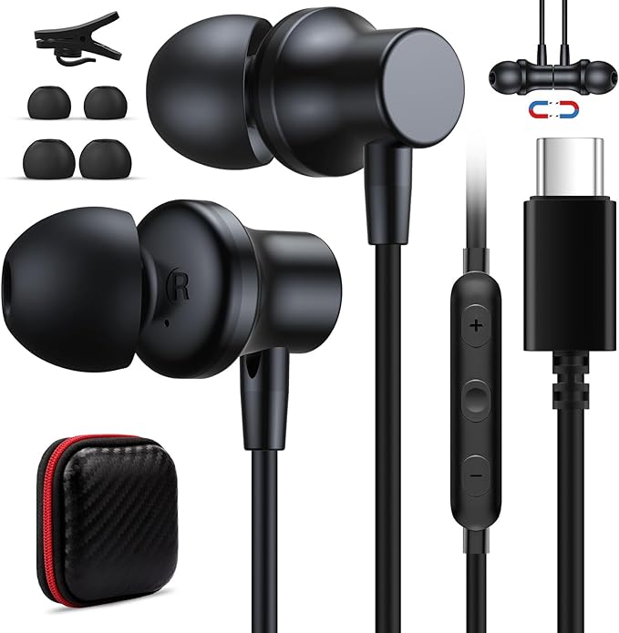 USB C Wired Headphones for iPhone 17 16e 15 Plus Oneplus 13, USB C Earbuds Magnetic Noise Canceling in-Ear Type C Earphones with Mic for iPad Air Pro M4 Samsung Z Flip Fold 6 Galaxy S23 S22 Pixel 8 7
