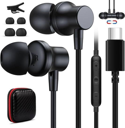 USB C Wired Headphones for iPhone 17 16e 15 Plus Oneplus 13, USB C Earbuds Magnetic Noise Canceling in-Ear Type C Earphones with Mic for iPad Air Pro M4 Samsung Z Flip Fold 6 Galaxy S23 S22 Pixel 8 7