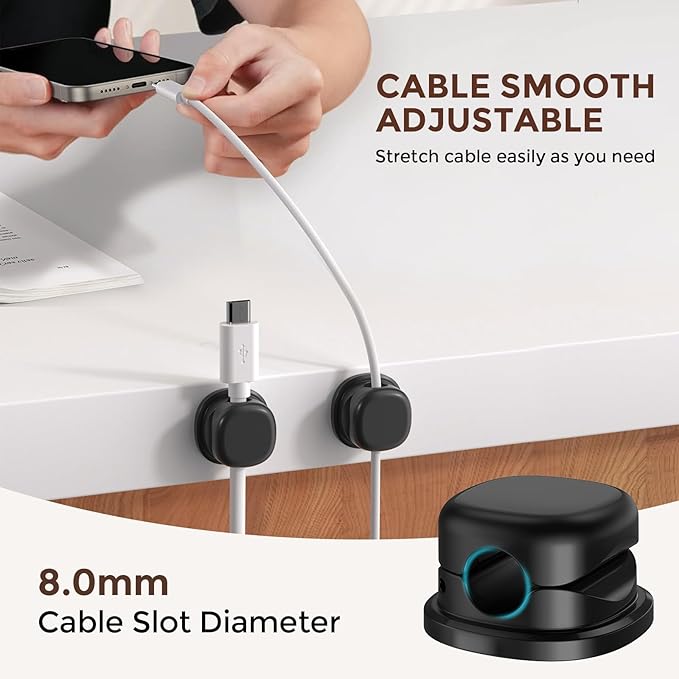 AhaStyle Spring Cable Organizer [1s Lock] 6 Pack Cord Cable Holders Clips Strong Adhesive Cable Cord Keeper [Smooth Adjustable] Hide Wire Cord Organizer for Nightstand Kitchen Car Office (Black)