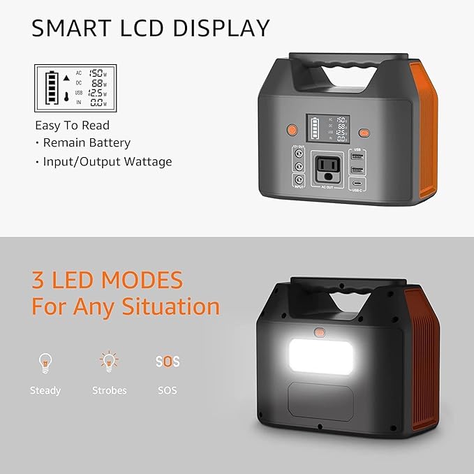 EnginStar Portable Power Station 150W 155Wh Solar Generator 110V 42000mAh Portable Power Bank w/AC Outlet, 6 Outputs External Battery Backup LED Light for Outdoor Camping