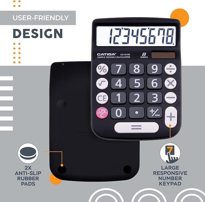 CATIGA Desktop Calculator 8 Digit with Solar Power and Easy to Read LCD Display, Big Buttons, for Home, Office, School, Class and Business, 4 Function Small Basic Calculators for Desk, CD-8185 Black