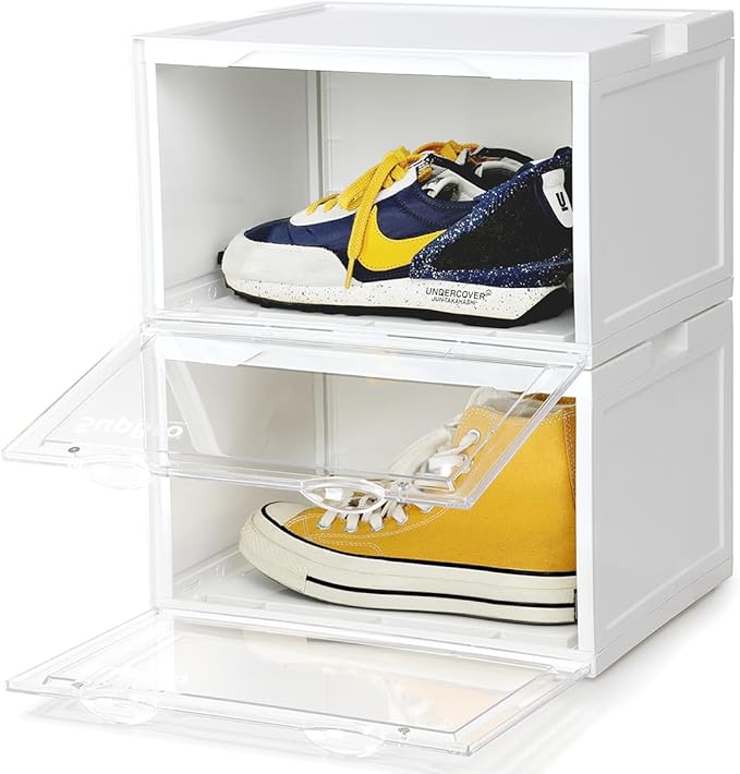 SupBro Led Collection Crate - Voice Control - Easy Access Storage Shoes box, Stackable Shoe Storage with clear plastic door for sneakers - (10.4 x 13.2 x 8.1 inch (2pack), White)