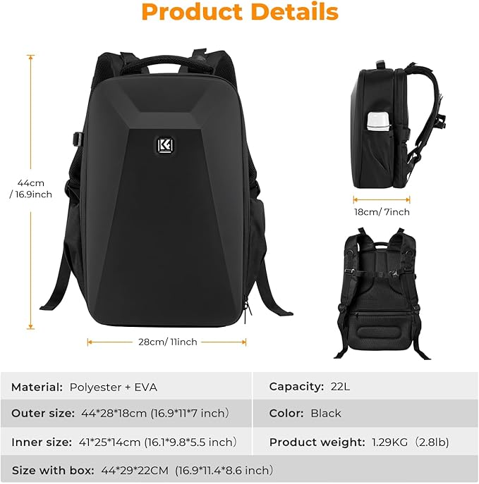 K&F Concept Camera Backpack,Hardshell Photography DSLR Camera Bag with 15-15.6 Inch Laptop Compartment Waterproof Hard Shell Camera Case Compatible with Canon/Nikon/Sony/DJI Mavic Drone
