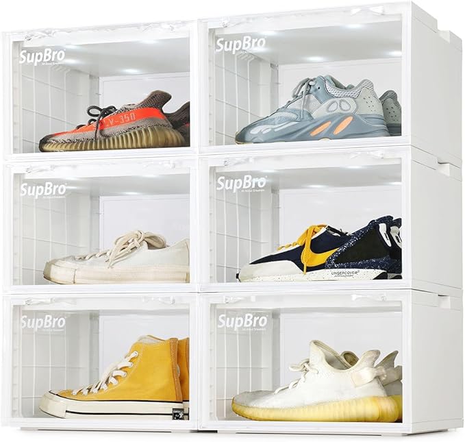 SupBro Led Collection Crate - Voice Control - Easy Access Storage Shoes box, Stackable Shoe Storage with clear plastic door for sneakers (11.2 x 14.9 x 8.8 inch (6pack), White)