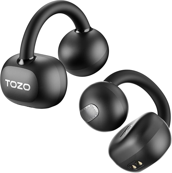 TOZO OpenEarRing True Open Ear Headphones, Lightweight Comfort Open Ear Clip Wireless Earbuds, 40H Play Bluetooth 5.4 Headphones with Smart Digital Display Design Fit Sports Running, Workout Black
