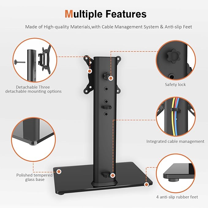 Universal Swivel TV Stand/Base Table Top TV Stand for 13 to 32 inch TVs with 100 Degree Swivel, 4 Level Height Adjustable, Heavy Duty Tempered Glass Base, Holds up to 77lbs, HT07B-001