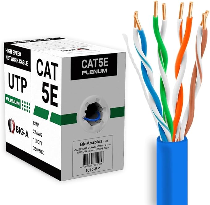 Big-A - 1000ft Cat5e Plenum Ethernet Cable, Blue, 350MHz, 24AWG UTP, CMP Rated, Solid Network LAN Cord, Compatible with Printer, Gaming Consoles, Router, VoIP Phones, POE IP Cameras