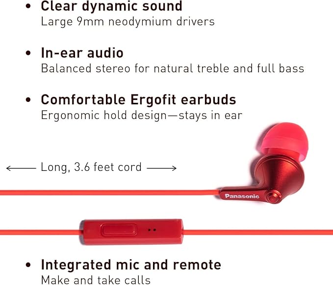 Panasonic ErgoFit Wired Earbuds with Microphone, 3.5mm Jack Headphones with Mic and Call Controller, Ergonomic Custom-Fit Earpieces (S/M/L), for Phones and Laptops - RP-TCM125-R (Red)