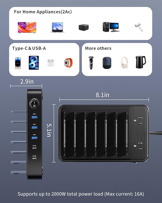 85W Charging Station for Multiple Devices, 7-in-1 Power Strip with 2 AC, 2 USB C, 3 USB A, USB C Charging Hub for MacBook, iPhone, Android & More, USB Desk Charger, Black
