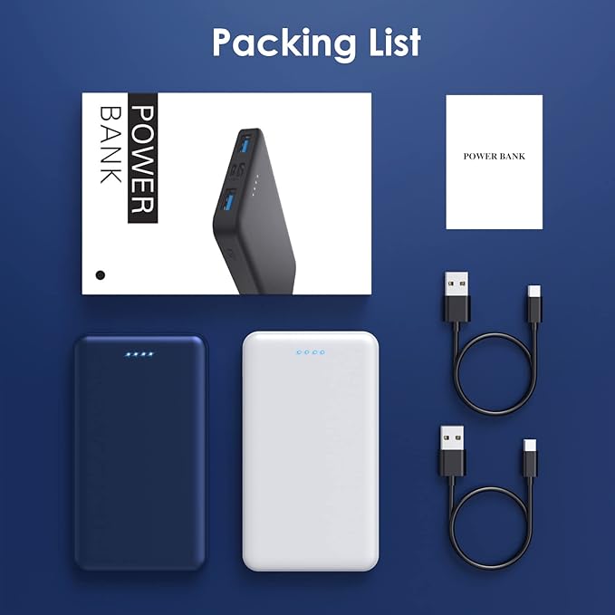 [2 Pack] Portable Charger Power Bank 10000mAh,Ultra Slim Compact External Battery Pack with USB C Input & Output Backup Charger Compatible with iPhone 16/15/14/13, Galaxy S24,Android etc-Blue+White