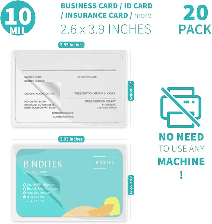 Binditek 20 Pack 10 Mil Self-Sealing Laminating Pouches, 2.6 x 3.9 Inches for Business Cards, Glossy Finish, No Machine Needed, Self-Adhesive Laminating Pouches, Office Supplies