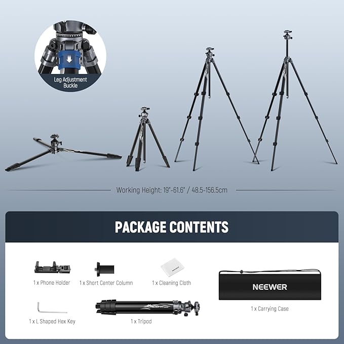 NEEWER LITETRIP LT07 61" Aluminum Travel Camera Tripod, Portable Stand with Ball Head Dual Axis Cell Phone Holder Arca QR Plate Compatible with iPhone Peak Design V3 for Video Recording, Max Load 22lb