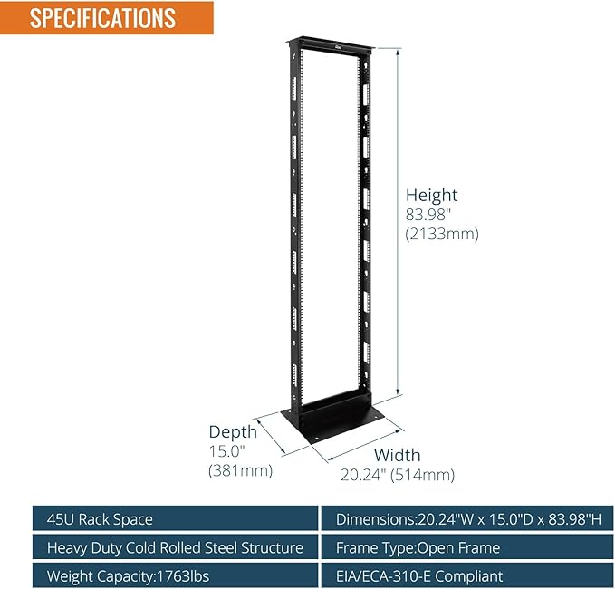 Tecmojo 45U 2-Post Open Frame Server Rack – 19" Network, Server, AV, Data & IT Equipment, Telecom & Patch Panel Mount, 1763 lbs Capacity, Black, Square Holes