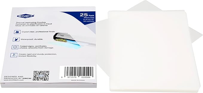 SINCHI Thermal Laminating Pouch, 10 mil per Side, 11.5x17.5-Inches Menu Size, 25pcs Pack, Ultra Clear & Sturdy Laminating Sheets