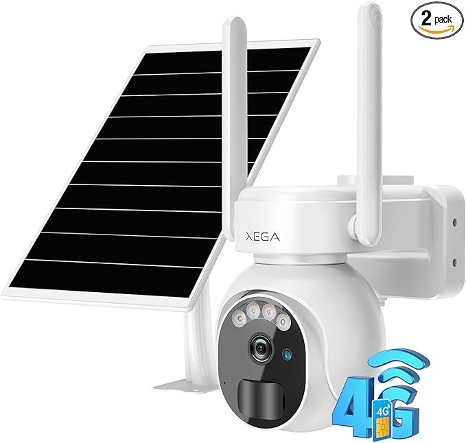 Xega 2-Pack 4G LTE Security Camera No WiFi【Built in SIM Card】 2K Super HD Solar Powered Wireless Outdoor 4G Security Camera PIR Motion Sensor Night Vision 2 Way Talk Cloud/TF IP66