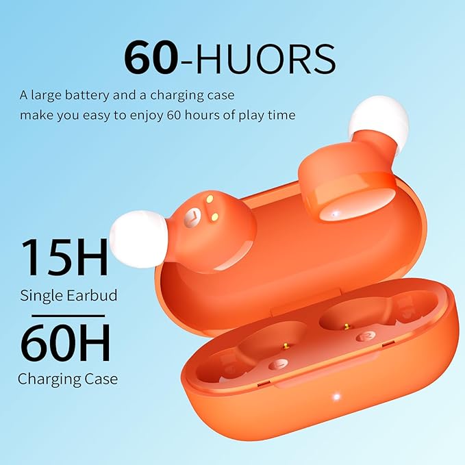 Wireless Earbuds in-Ear Headphones Bluetooth 5.3 with Built-in Mics Deep Bass Clear Call Ultralight Headsets Up to 60H Play Time for Studying Workout Gaming Orange