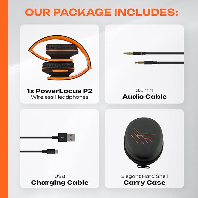 PowerLocus Bluetooth Over-Ear Headphones, Wireless Stereo Foldable Headphones Wireless and Wired Headsets with Built-in Mic, Micro SD/TF, FM for iPhone/Samsung/iPad/PC (Black/Orange)