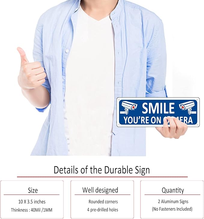 Bagstar (2 Pack) Heavy-duty Metal Smile You're on Camera Sign, 10" x 3.5" Aluminum Video Surveillance Sign, Camera Warning for Home Security, House, Business, Yard, Outdoor