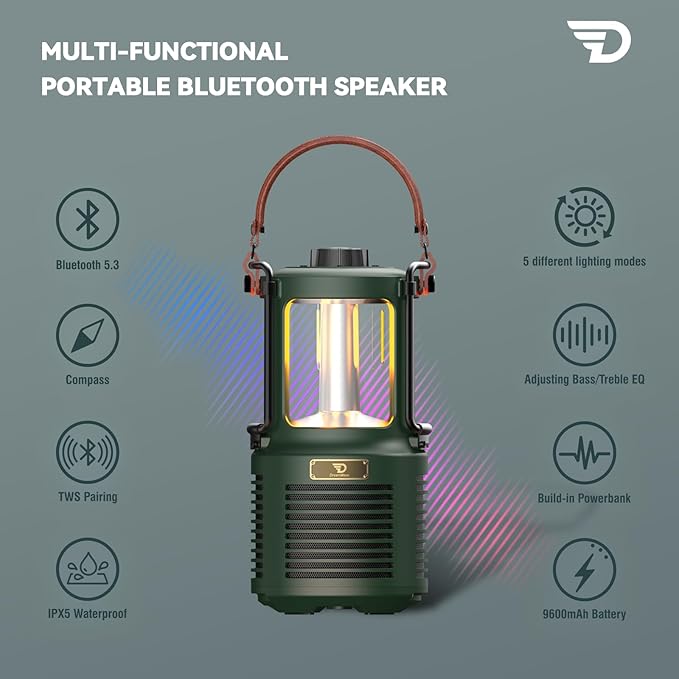 Dreamwave Outdoor Bluetooth Speakers, Portable Waterproof Speaker with LED Lights, IPX5 Waterproof, TWS Paring, Wireless Speaker Gifts for Men Women Party Camping Outdoor Beach Pool (Green)